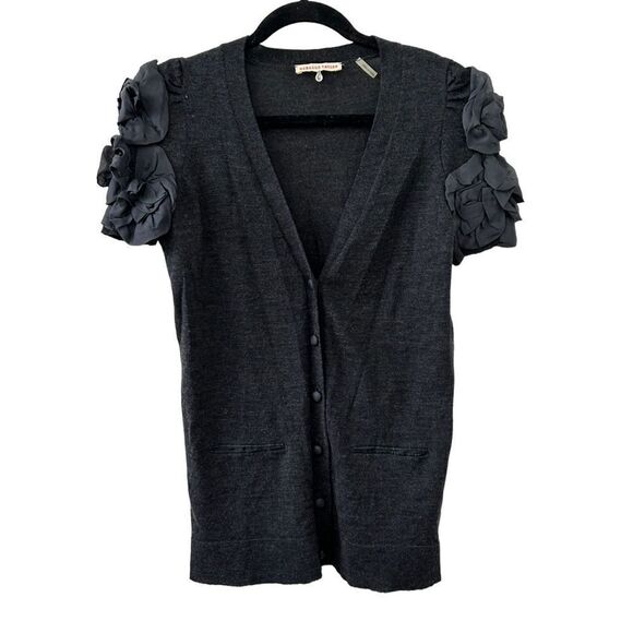 Rebecca Taylor Ruffle V-Neck Merino Wool Cardigan Gray Women’s Size Large - Picture 1 of 5